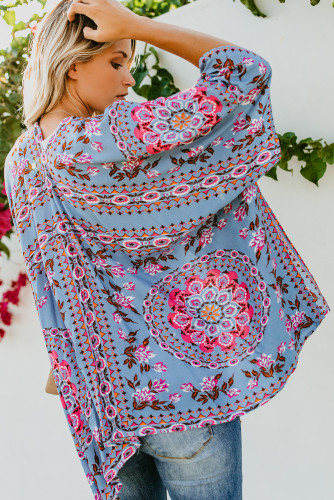 Sky Blue Floral Kimono Cardigan Open Front Cover Up