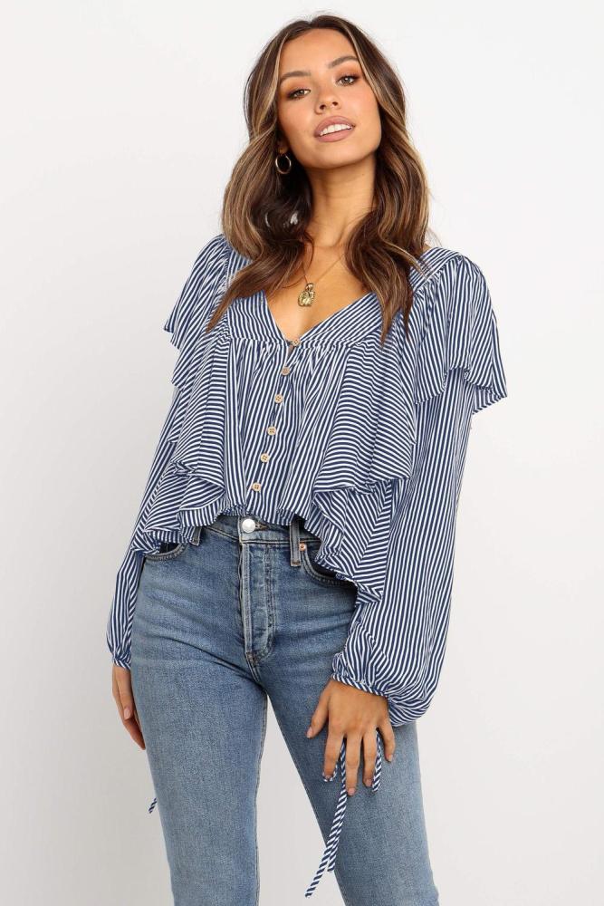 Sky Blue Button Ruffle&Tie Striped Shirt