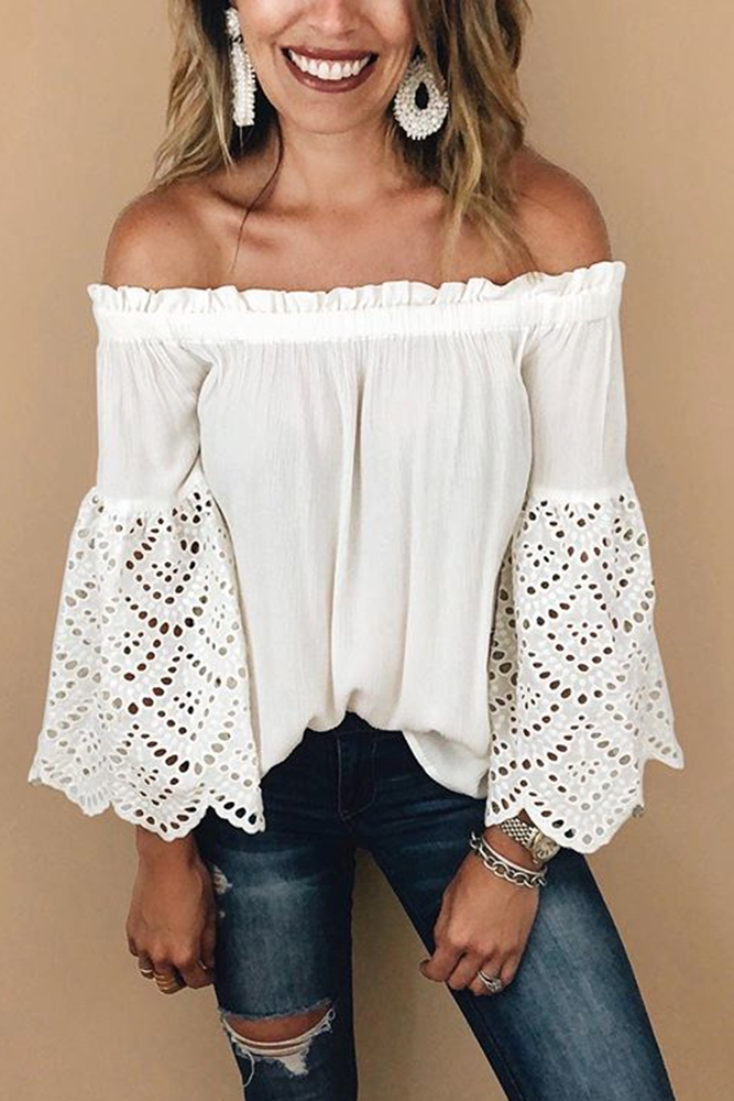 White Off The Shoulder Eyelet Sleeves Blouse