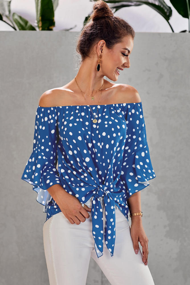 Sky Blue Polka Dot 3/4 Bell Sleeve Off Shoulder Front Tie Knot Top