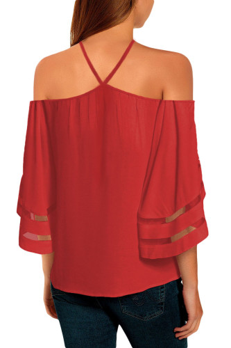 Red Spaghetti Halter Off The Shoulder Three Quarter Sleeve Shirt
