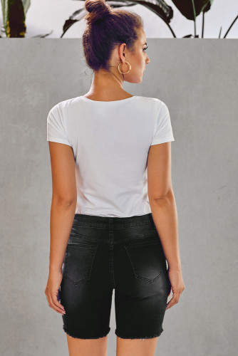 Black Button Front Distressed Shorts