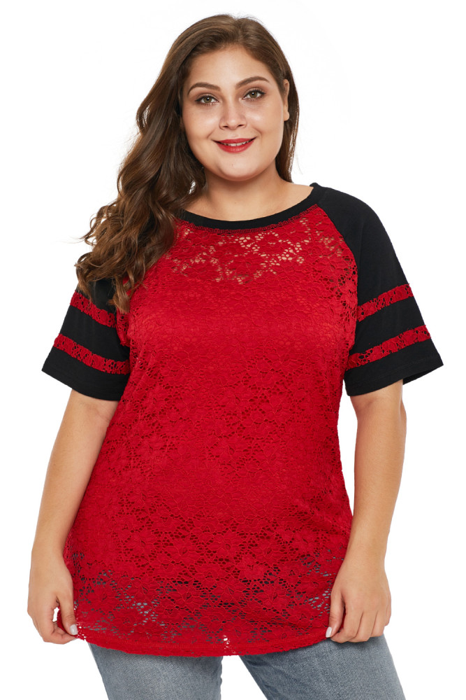 Red Lace Panel Raglan Sleeve Plus Size T-shirt
