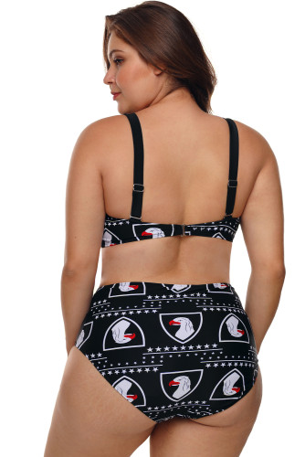 Eagles and Stars Black 2pcs Plus Size High Waist Swimsuit