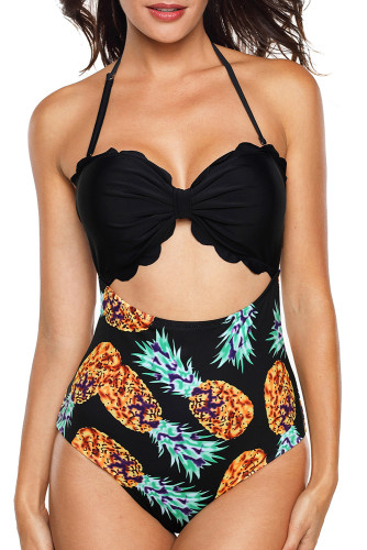 Multicolor Plus Size Solid Color Bodice Floral Panty Swim Maillot