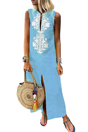 Sky Blue Sleeveless Casual Slit Geometric Summer Dress