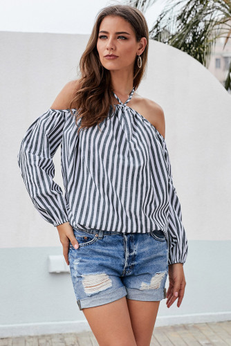 Gray Striped Off Shoulder Halter Blouse