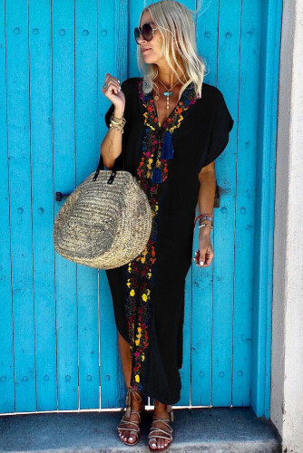 Black Bohemian Pleated Printed Colour Slit Dress