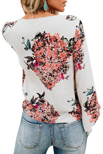 White V Neck Flared Sleeve Floral Blouse