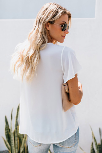 White Drape Wrap Front Pleated Chiffon Top