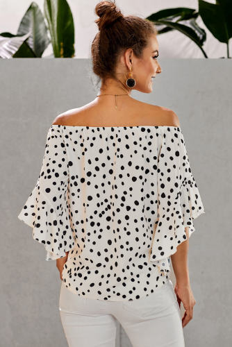 White Polka Dot 3/4 Bell Sleeve Off Shoulder Front Tie Knot Top