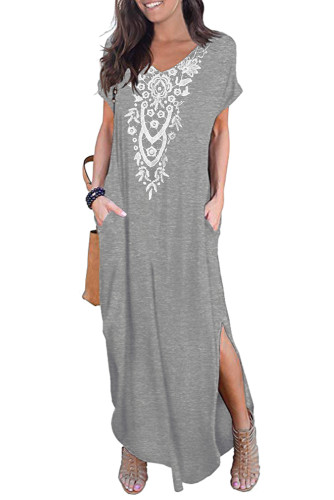 Gray Lace Front Pocket Short Sleeve Split Casual Loose Maxi Dress