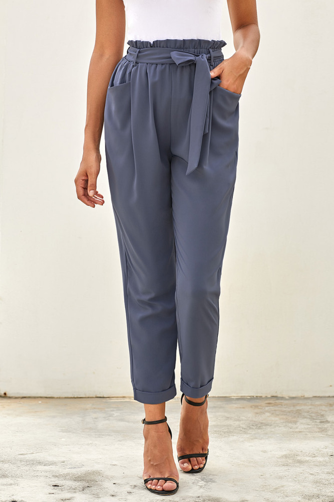 Sky Blue Pocketed Paper Bag Waist Pants