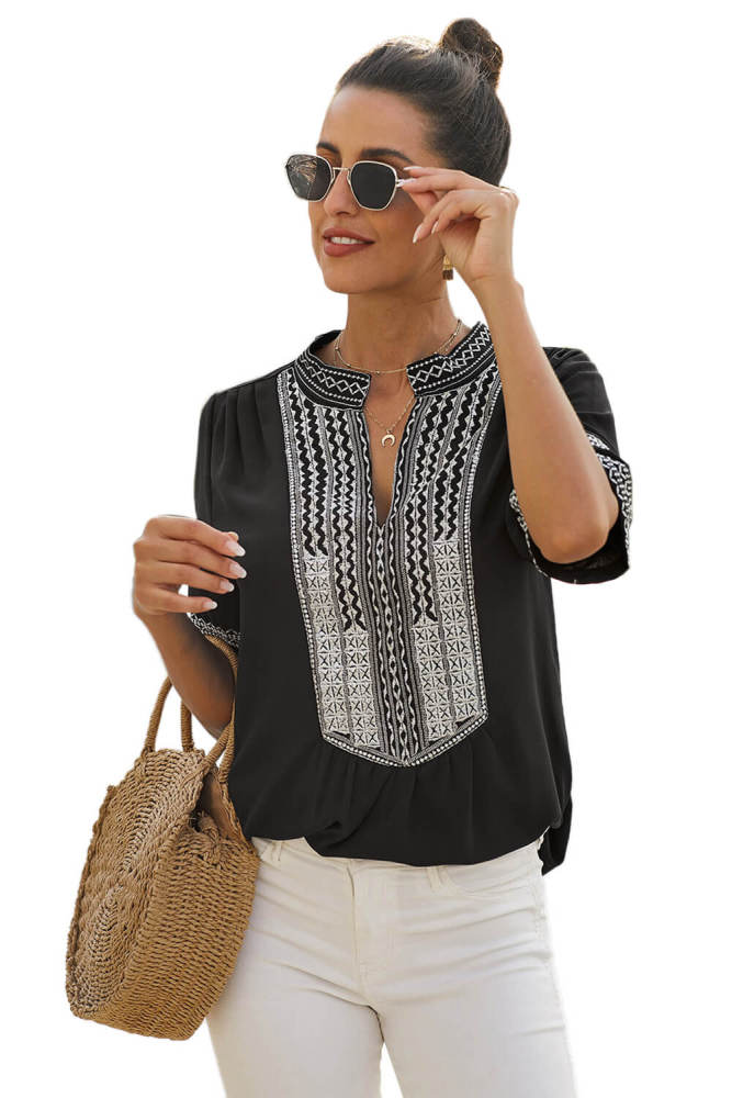 Black Elbow Length Sleeves Front Embroidery Blouse