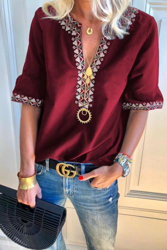 Red Boho Floral V Neck Casual Top