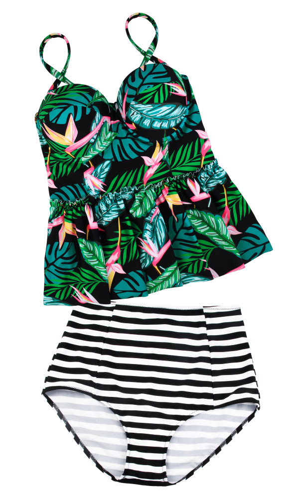 Black 2pcs Floral Print Flounce Tankini Swimsuit