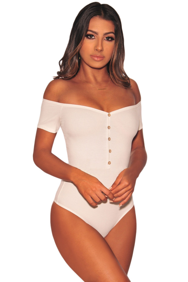 White Ribbed Knit Off Shoulder Button Bodysuit