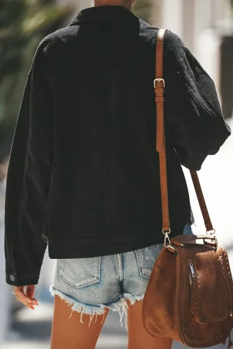 Black Distressed Cotton Cordury Jacket