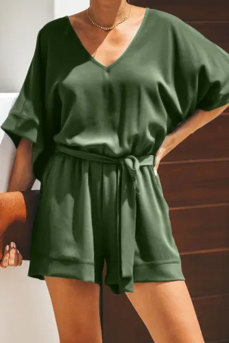 Dark Green Spring Scene Pocketed Tie Romper