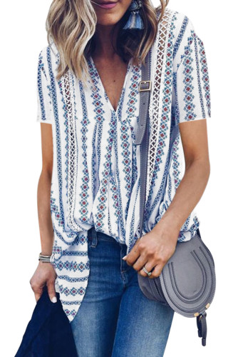 White Boho Floral Printed V Neck Short Sleeve Blouse