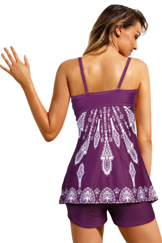 Purple Twist Pleated Bust Flared Tankini Set Swimsuit