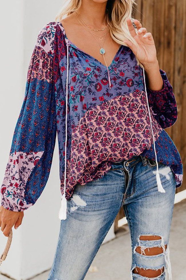 Purple Floral Print Peasant Blouse