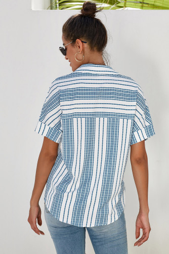 Sky Blue V Neck Stripes Roll up Sleeve Button Down Shirt