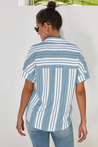 Sky Blue V Neck Stripes Roll up Sleeve Button Down Shirt