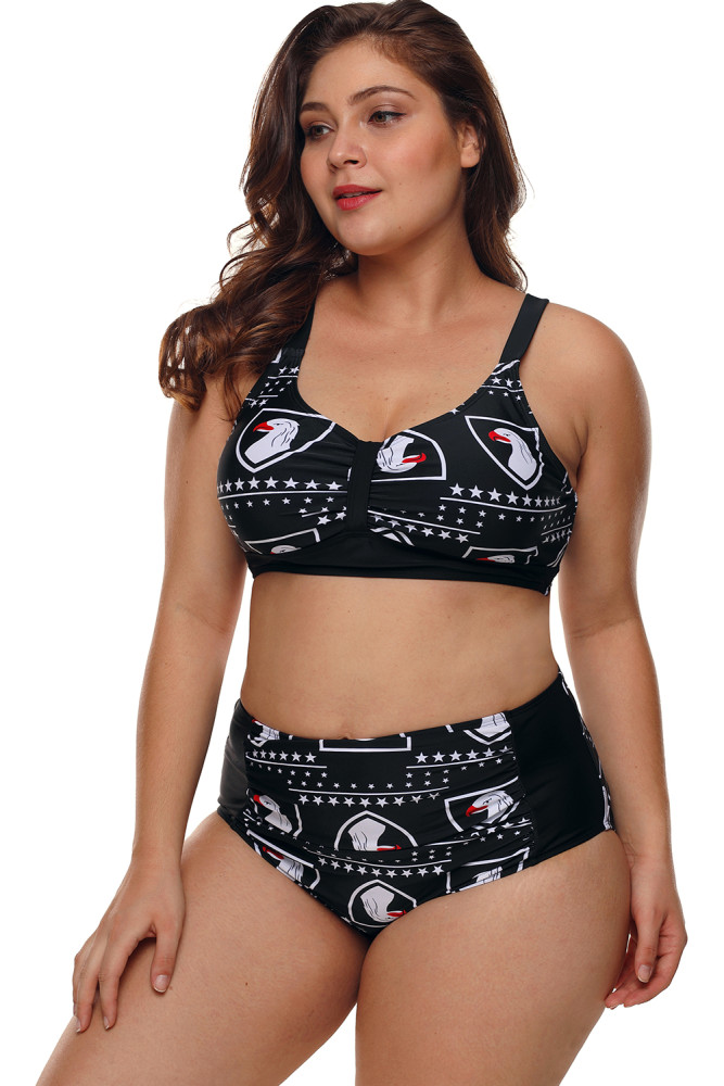 Eagles and Stars Black 2pcs Plus Size High Waist Swimsuit