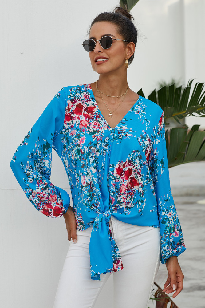 Sky Blue V Neck Long Sleeve Tie Front Blouse