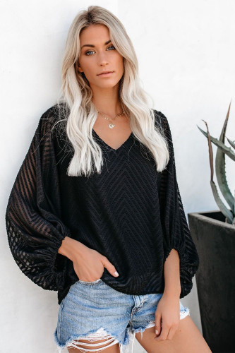 Black Balloon Sleeve Textured Blouse