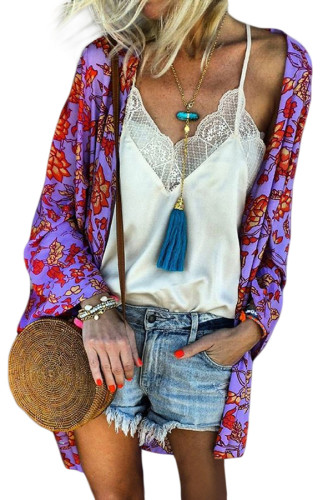 Purple Floral Print Loose Kimono Cardigan Cape