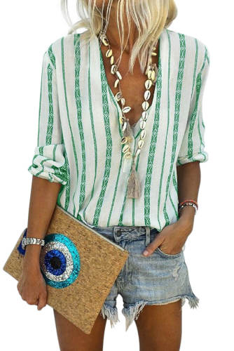 Green V Neck Striped Button Down Blouse