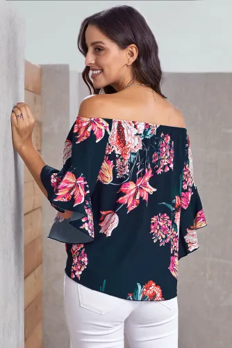 Blue Off Shoulder Floral Tie Front High Low Chiffon Blouse