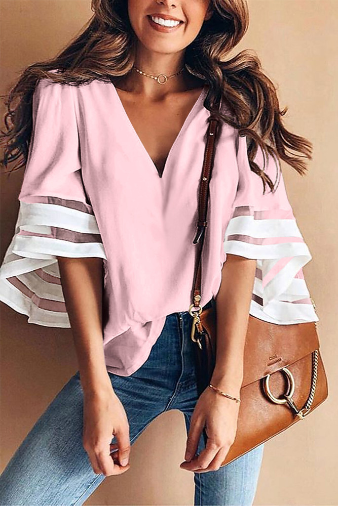 Pink Contrast Color Flare Sleeve V Neck Loose Blouse