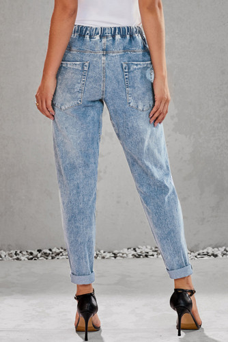 Sky Blue Gather Round Distressed Pocketed Denim Jogger