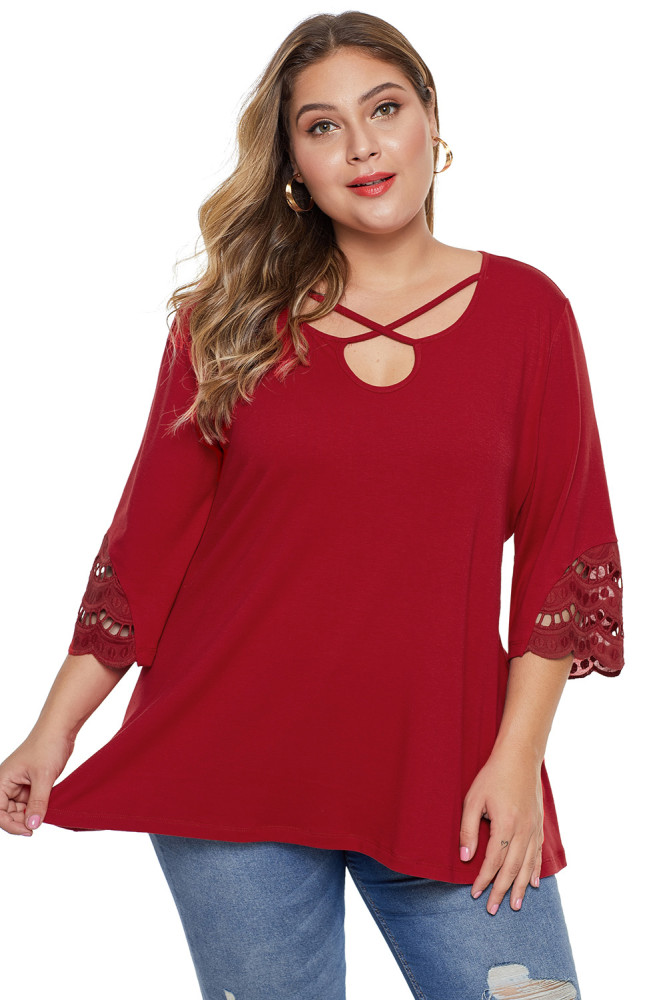 Red Plus Size Cutout Blouse Top