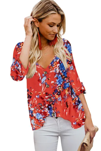 Orange V Neck Buttoned Floral Print Blouse