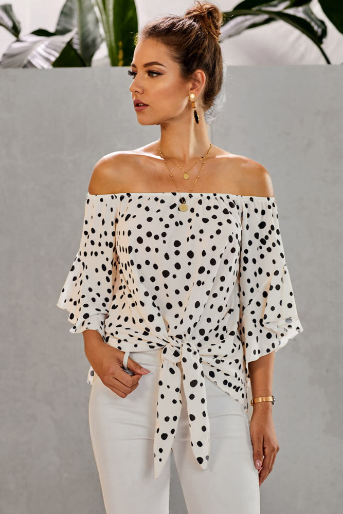 White Polka Dot 3/4 Bell Sleeve Off Shoulder Front Tie Knot Top