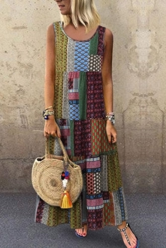 Green Bohemian Splicing Round Neck Sleeveless Dress