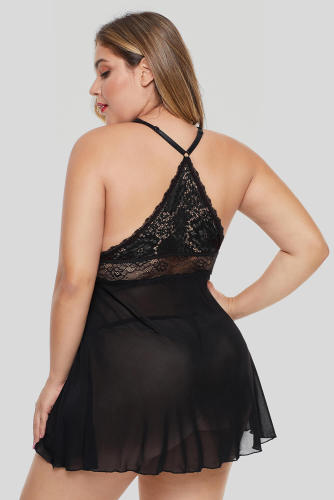 Black Plus Size Lattice Babydoll Set