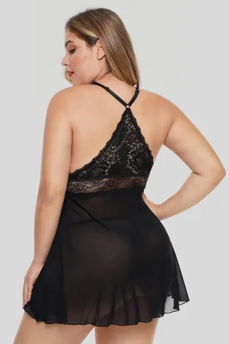 Black Plus Size Lattice Babydoll Set