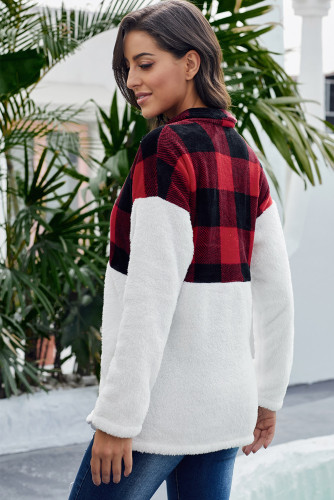 Red Fuzzy Pullover with Plaid Detail
