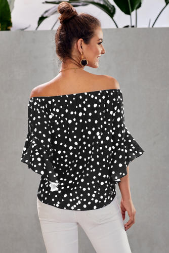 Black Polka Dot 3/4 Bell Sleeve Off Shoulder Front Tie Knot Top