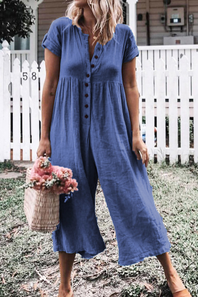 Blue Solid Short Sleeve Casual Jumpsuit