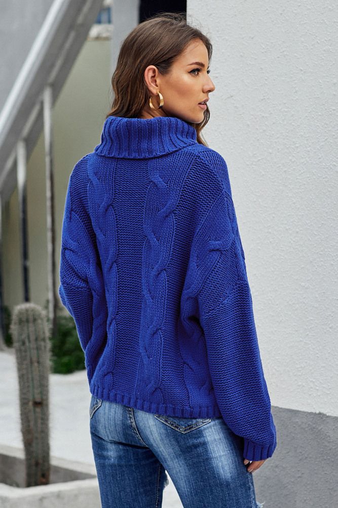 Blue Cuddle Weather Cable Knit Handmade Turtleneck Sweater