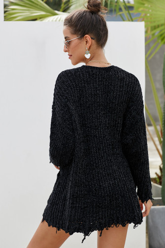 Black Chenille Knit Destroyed Cardigan Sweater