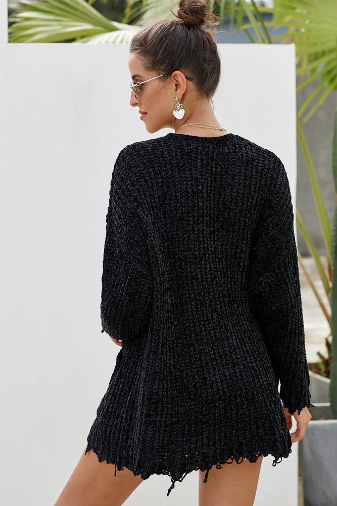 Black Chenille Knit Destroyed Cardigan Sweater
