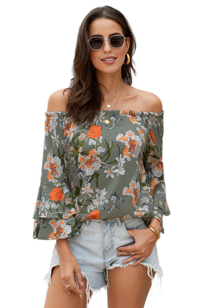 Gray Elasticised Neck Floral Print Blouse