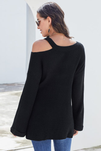 Black Asymmetric Cut out Shoulder Pullover Sweater